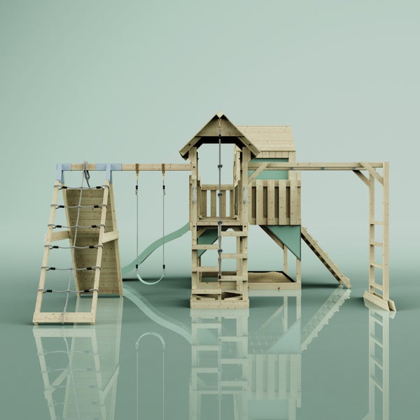 Holzspielplatz mit Schaukel, Rutsche, Kletterwand und Spielhaus