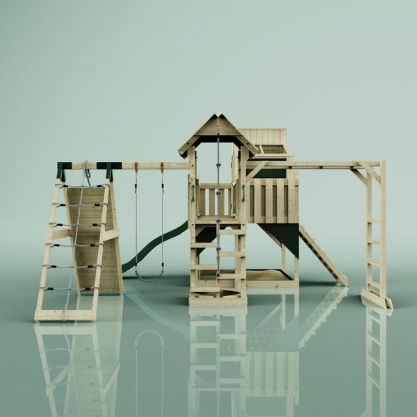 Spielplatz mit Turm, Rutsche, Schaukel und Kletterwand aus Holz