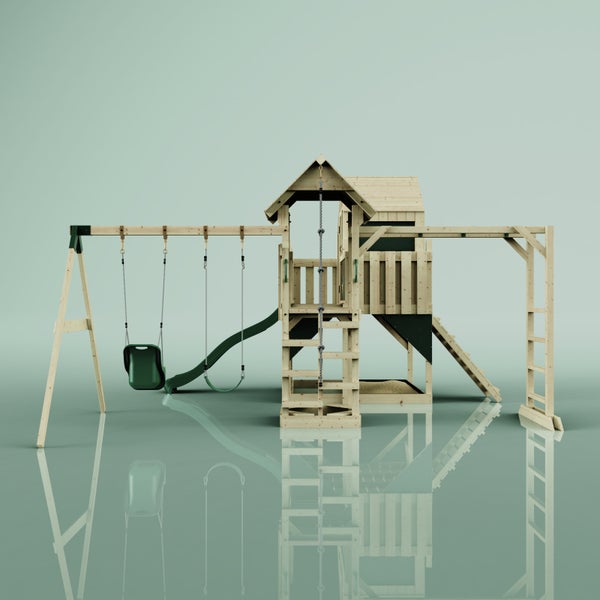 Spielturm aus Holz mit Schaukel, Rutsche, Kletterwand und Sandkasten