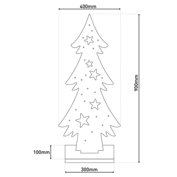 Abmessungen des Weihnachtsbaums: 400 mm breit, 900 mm hoch und 300 mm lang