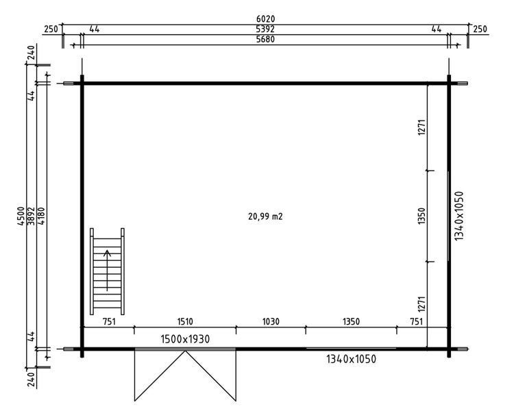 Grundriss eines Gartenhauses mit Maßen in Millimeter, Wandstärke 44 Millimeter, Fläche 20,99 Quadratmeter, inklusive Tür und Fenster.