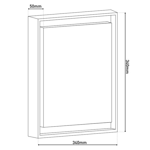 Technische Zeichnung eines Spiegelschranks mit den Maßen 340 x 340 x 50 mm
