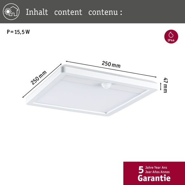 Quadratische Außenwandleuchte mit Bewegungsmelder, geeignet für Küstenregionen aufgrund seewasserresistenter Oberfläche.