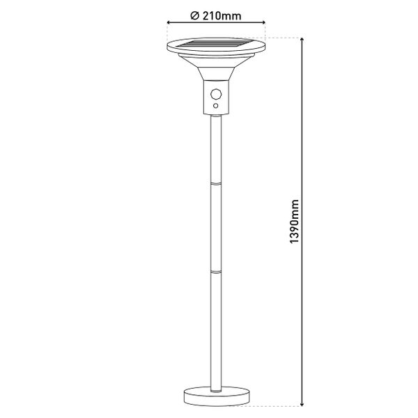 Technische Zeichnung einer Solarleuchte mit den Maßen 210 Millimeter Durchmesser und 1390 Millimeter Höhe.