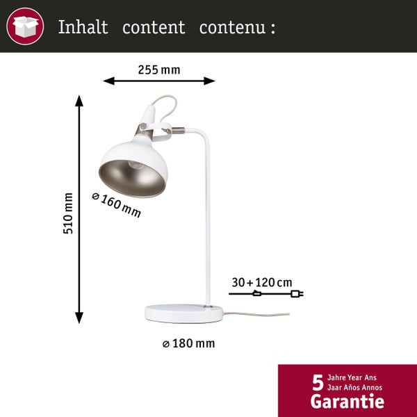 Technische Zeichnung einer Schreibtischleuchte mit Maßangaben und Hinweis auf 5 Jahre Garantie.