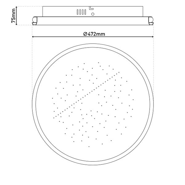 Technische Zeichnung einer Deckenleuchte mit den Maßen 472 mm Durchmesser und 75 mm Höhe.
