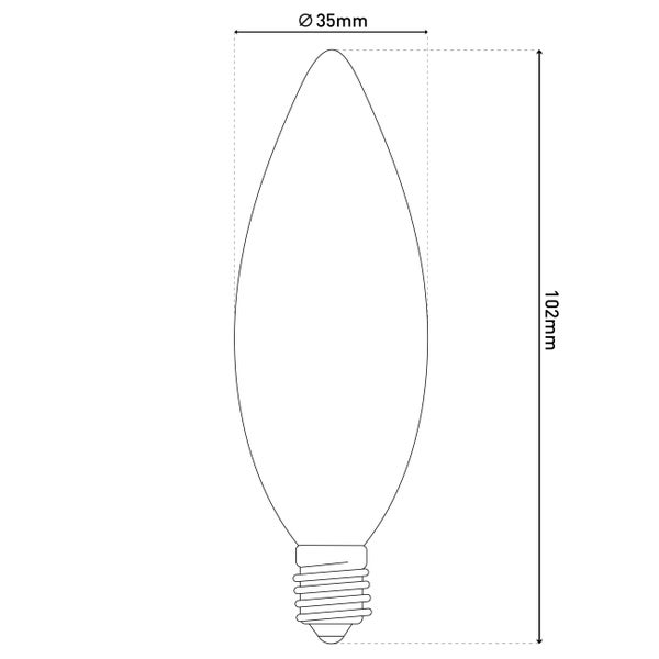 Technische Zeichnung einer Kerzenlampe mit den Maßen 35 mm Durchmesser und 102 mm Länge