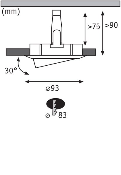 Technische Zeichnung eines Einbaustrahlers mit Maßen für Einbautiefe, Durchmesser und Schwenkbereich in Millimeter.
