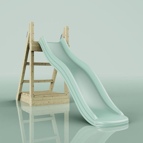 Kinderrutsche mit Holzleiter und Podest sowie einer hellblauen Wellenrutsche aus Kunststoff.