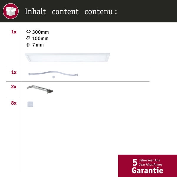 Lieferumfang einer LED Aufbauleuchte inklusive Verbindungsleitung, Montagebügeln und Klebepads sowie Hinweis auf 5 Jahre Garantie.