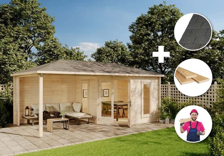 Holzgartenhaus mit Terrasse, Bitumenschindeln und Holzpaneelen als Zubehör