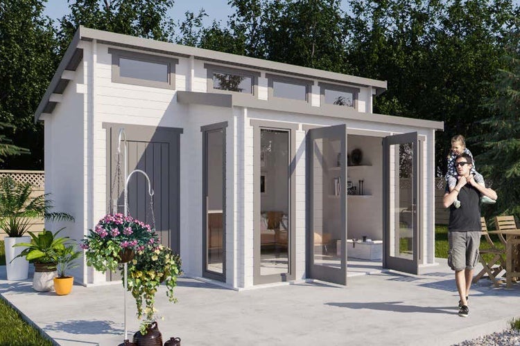 Alpholz Gartenhaus Lausitz ISO mit Anbau Gartenhaus aus Holz, Holzhaus mit 70 mm Wandstärke Blockbohlenhaus, Naturbelassen 5,7x4,2m