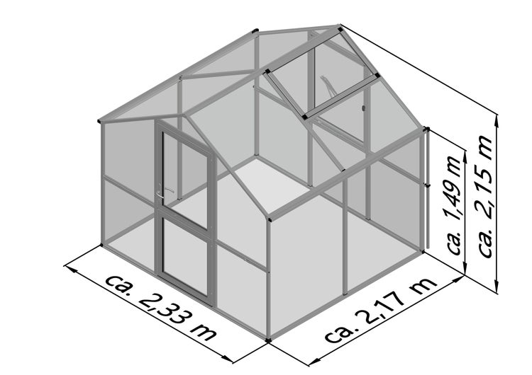 Skizze Gewächshaus mit Maßen: Breite circa 2,33 Meter, Tiefe circa 2,17 Meter, Firsthöhe circa 2,15 Meter, Seitenwandhöhe circa 1,49 Meter.