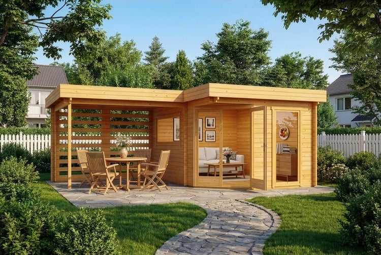 Modernes Gartenhaus aus Holz mit Flachdach und seitlichem Anbau mit Terrasse und Sitzgruppe in einem gepflegten Garten mit Steinweg.