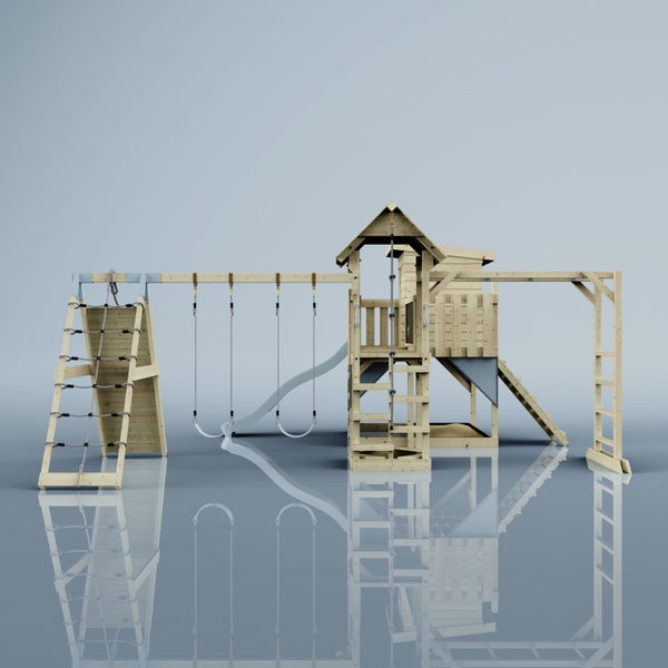 Holzspielplatz mit Turm, Rutsche, Schaukeln und Kletterwand