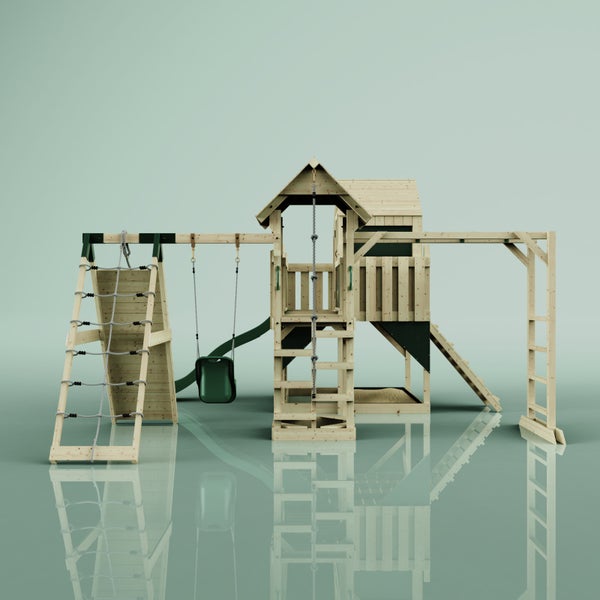 Holzspielturm mit Rutsche, Schaukel und Kletterwand für den Garten