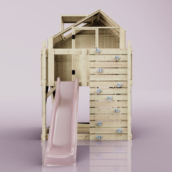 Spielhaus aus Holz mit Rutsche und Kletterwand