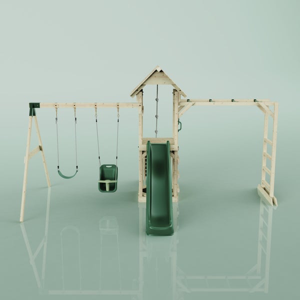 Spielturm aus Holz mit Schaukel, Rutsche und Klettergerüst