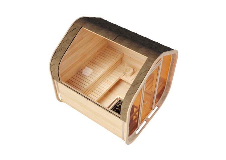 Draufsicht einer Fasssauna aus Holz mit Dachausschnitt, Innenraum mit Saunabänken, Saunaofen und Aufgusskübel.
