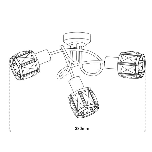 Deckenleuchte mit drei Leuchten und einer Breite von 380 Millimeter.