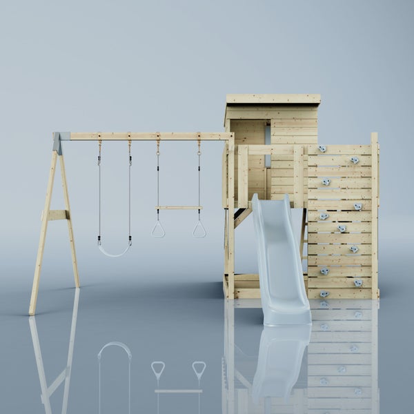 Spielturm aus Holz mit Spielhaus, Rutsche, Schaukel, Reckstange mit Ringen und Kletterwand mit Griffen.