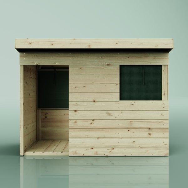 Gartenhaus aus hellem Holz mit Flachdach, einer Türöffnung und einem quadratischen Fenster.