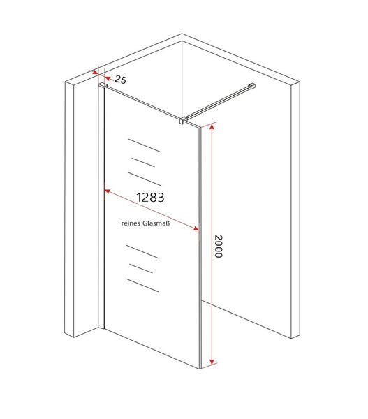 Technische Zeichnung einer Duschkabine mit Maßangaben