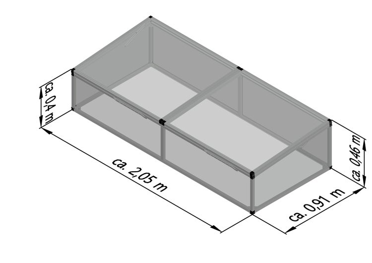 Transparentes Doppel-Frühbeet: Länge circa 2,05 Meter, Breite circa 0,91 Meter, Höhe vorne 0,4 Meter, Höhe hinten 0,46 Meter.