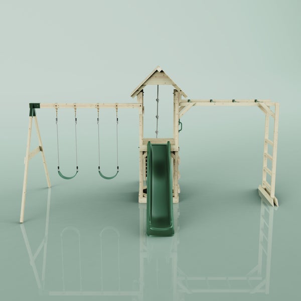 Spielturm mit Schaukel, Rutsche, Kletterseil und Leiter