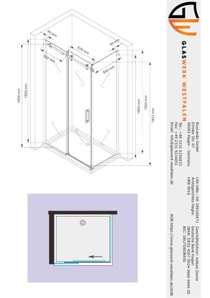 Technische Zeichnung einer Duschkabine mit Maßen