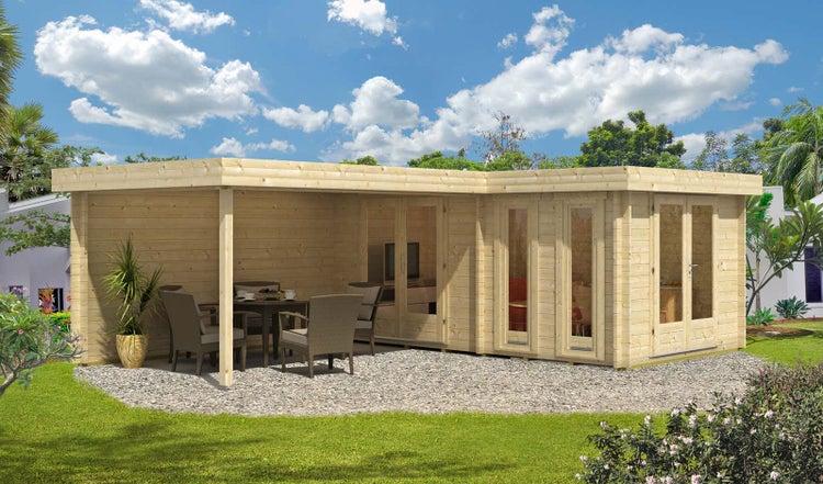 Alpholz Flachdach Gartenhaus Quinta ISO Gartenhaus aus Holz in Pinie, Holzhaus mit 70 mm Wandstärke inklusive Schleppdach FSC zertifiziert, Blockbohlenhaus mit Montagematerial imprägniert 7x5m