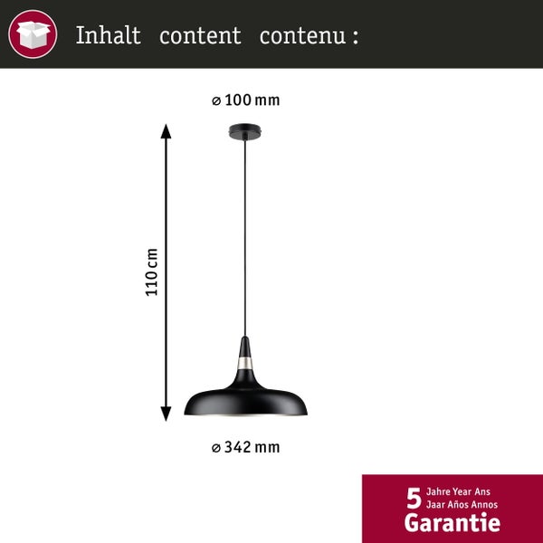 Technische Zeichnung einer Pendelleuchte mit Maßangaben 110 Zentimeter Höhe, 100 Millimeter Deckenbaldachin und 342 Millimeter Schirmdurchmesser.