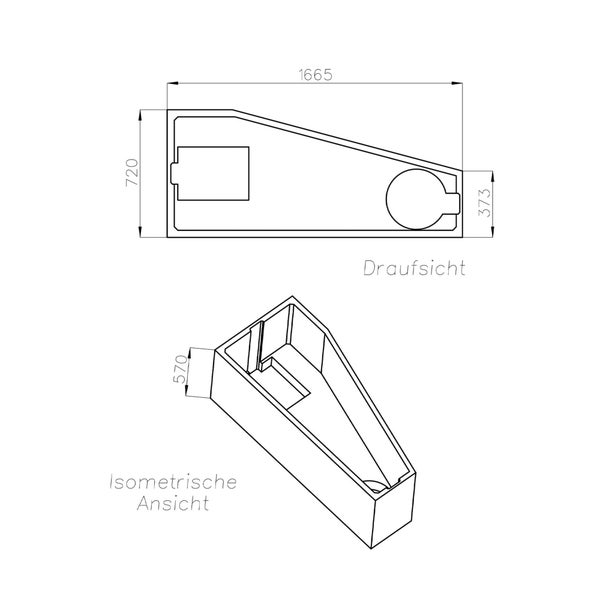 Technische Zeichnung einer Badewanne mit Maßangaben