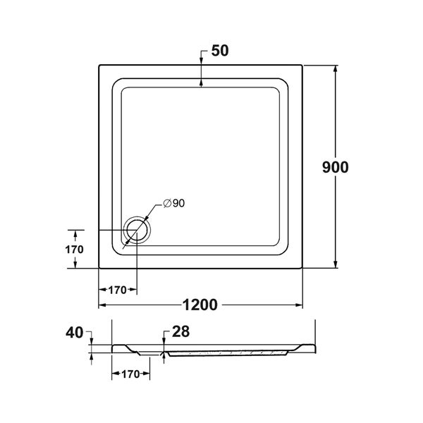 Technische Zeichnung einer Duschwanne mit Maßangaben