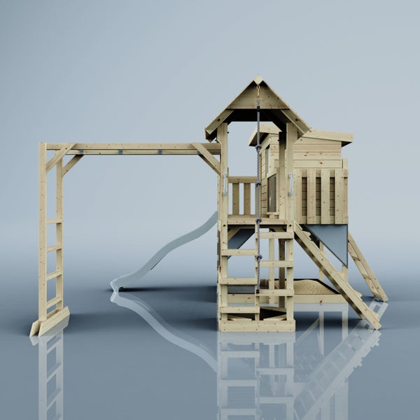 Spielturm aus Holz mit Rutsche, Leiter und Kletterseil für den Garten