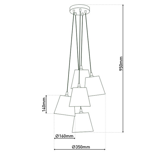 Technische Zeichnung einer Pendelleuchte mit fünf Lampenschirmen und Maßangaben