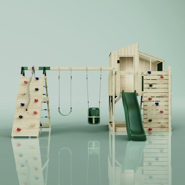Spielturm aus Holz mit Kletterwand, Rutsche und Schaukel