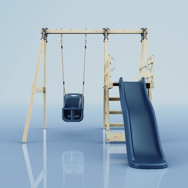 Kletterturm aus hellem Holz mit blauer Wellenrutsche, Schaukel und Kletterleiter für den Garten.