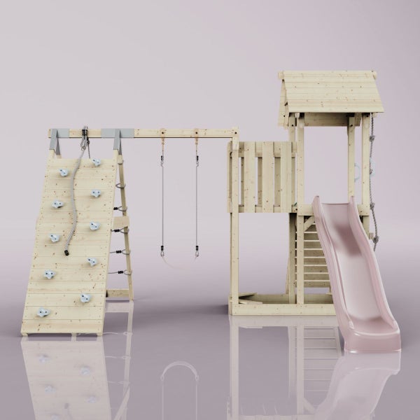 Spielturm mit Rutsche, Schaukel und Kletterwand für den Garten