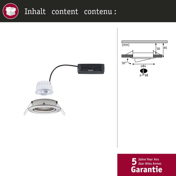 Paulmann Nova LED Einbauleuchte Set aus gebürstetem Eisen mit schwenkbarem LED Coin Strahler, 2,8 Watt, 4000 Kelvin neutralweiß.