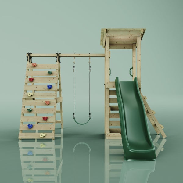 Holzspielturm mit Rutsche, Schaukel und Kletterwand