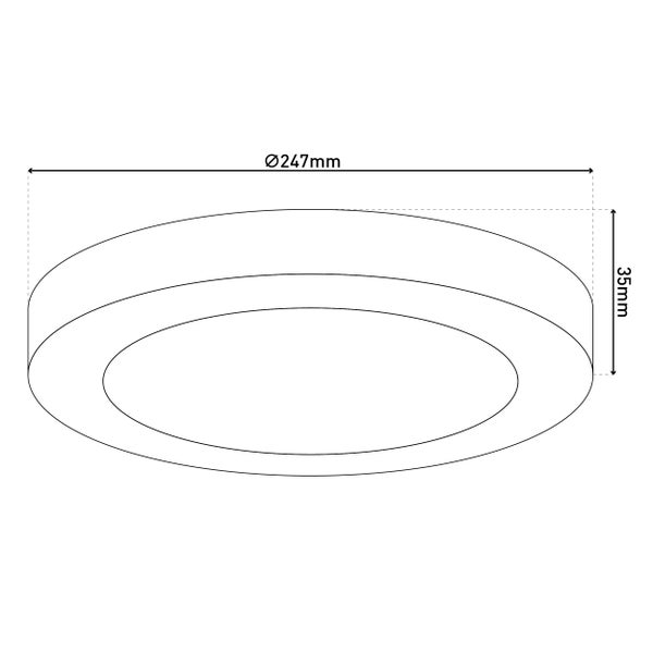 Skizze einer runden Leuchte mit den Maßen 247 mm Durchmesser und 35 mm Höhe