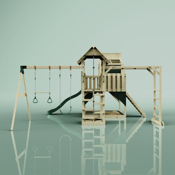 Spielplatz mit Schaukel, Rutsche und Klettergerüst aus Holz