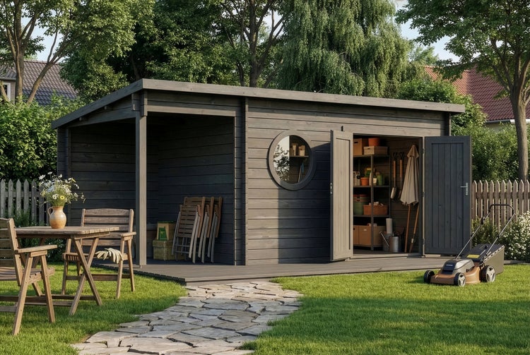 Modernes Gartenhaus aus Holz in Anthrazit mit Pultdach, Bullauge, Doppeltür und integriertem Schleppdach in einem grünen Garten.