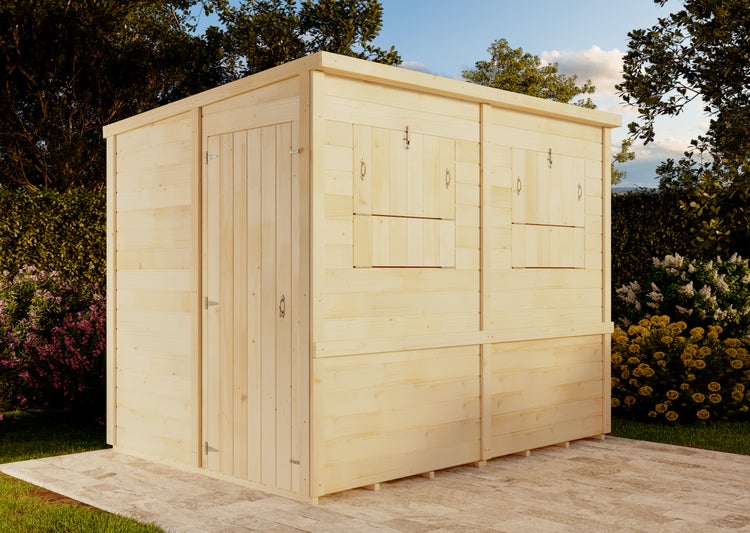 Marktstand aus Holz mit einer Tür an der Seite und zwei Verkaufsklappen an der Vorderseite in einem hellen Garten.