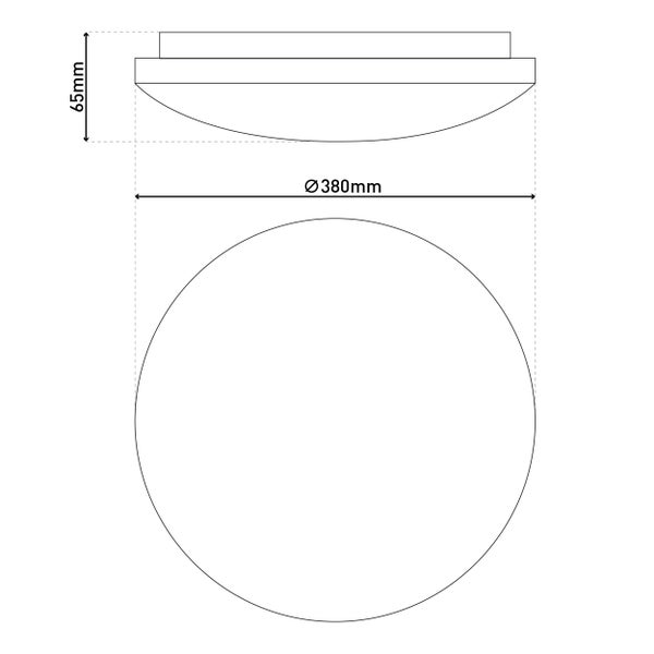 Technische Zeichnung einer Deckenleuchte mit den Maßen 380 mm Durchmesser und 65 mm Höhe