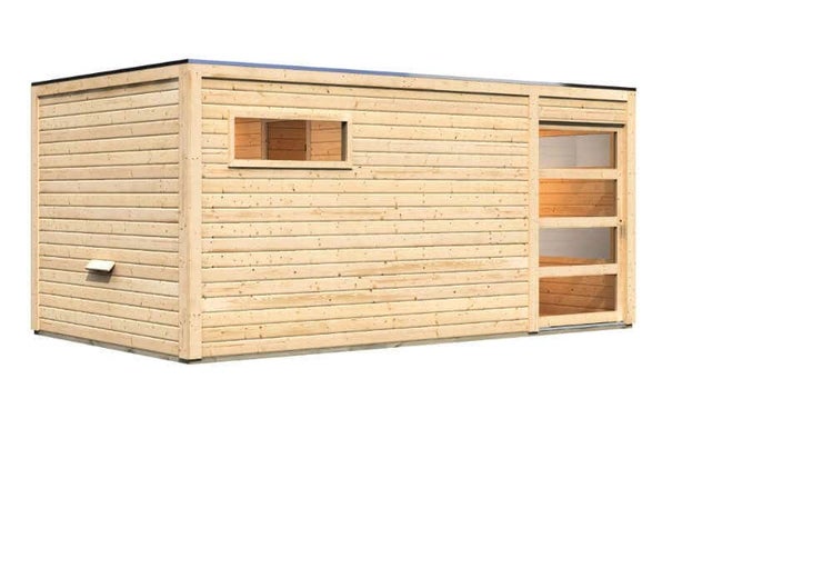 Karibu Saunahaus Hygge Gartensauna 3 Sitzbänke aus Holz, Sauna mit 38 mm Wandstärke, Außensauna mit Montagematerial