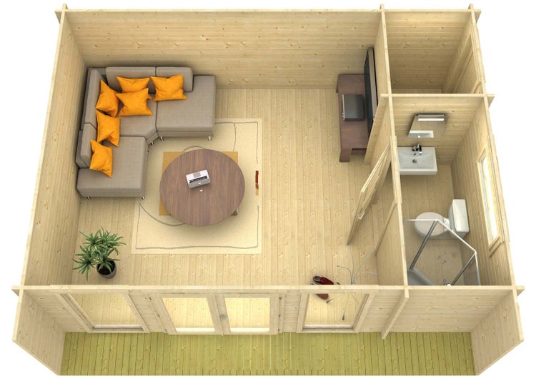 Draufsicht auf ein helles Gartenhaus aus Holz mit Wohnbereich, Sofa, Tisch und separatem Badezimmer mit Toilette und Dusche.