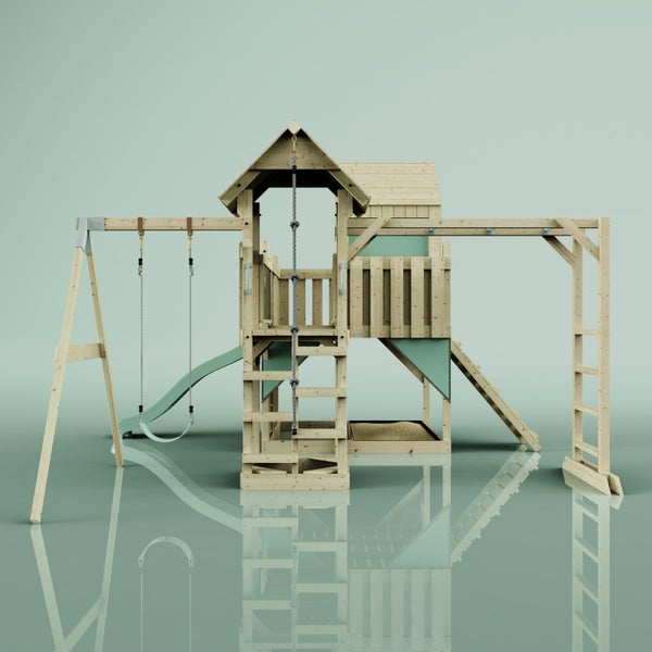 Spielturm mit Schaukel, Rutsche, Kletterwand und Sandkasten