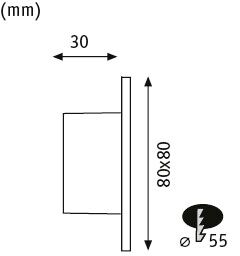 Technische Zeichnung mit Maßen für ein Produkt mit Einbautiefe 30 Millimeter, Abmessungen 80 mal 80 Millimeter und Einbaudurchmesser 55 Millimeter.